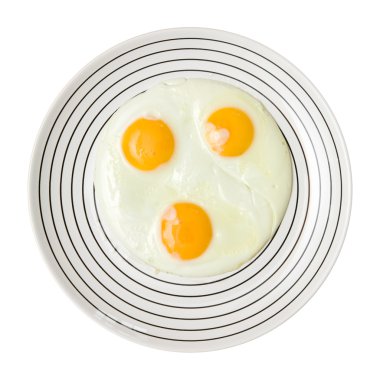 Three fried unbroken eggs on white plate with black stipe, shot from the top clipart