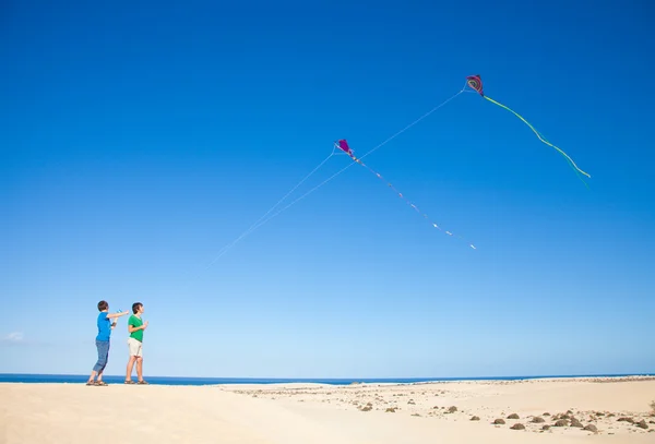 stock image Two brothers are flying kites in natural reserve dunes of Corral