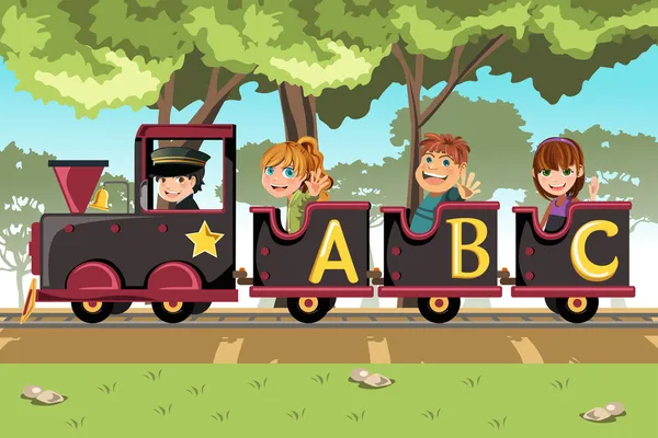 Crianças montando trem alfabeto —  Vetores de Stock