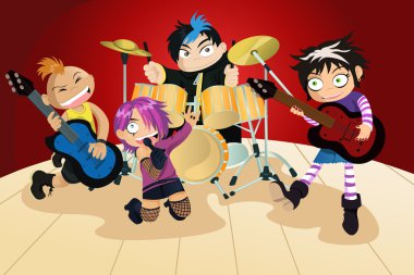 Rock band of four little kids clipart