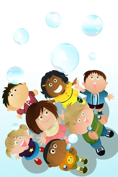 Niños jugando burbujas — Vector de stock