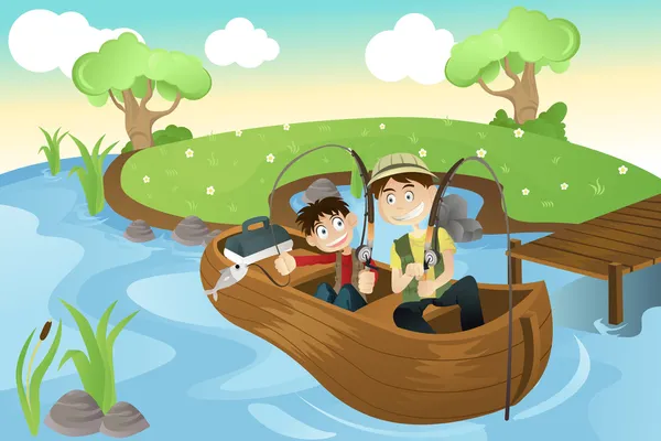 Padre e hijo van a pescar — Vector de stock