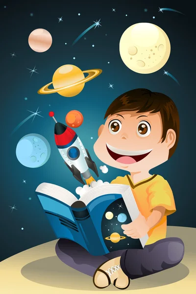 Niño leyendo libro de astronomía — Vector de stock