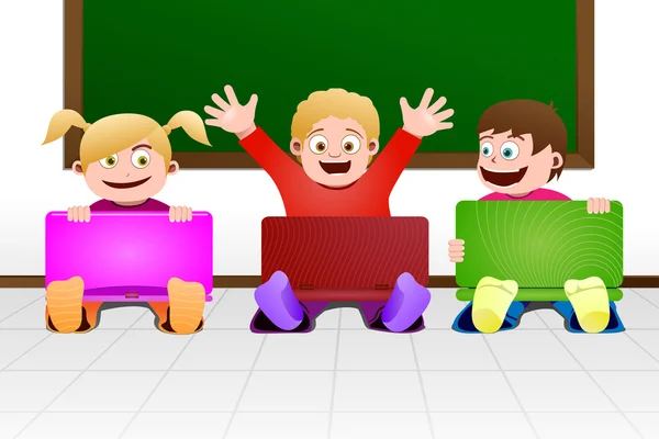Crianças com laptop em sala de aula — Vetor de Stock
