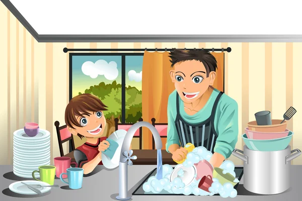 Père et fils lavant la vaisselle — Image vectorielle