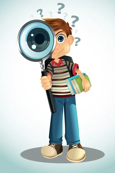 Student holding books and magnifying glass — Stock Vector