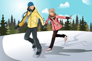 Young couple ice skating clipart