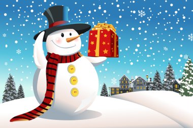 Snowman holding Christmas present clipart