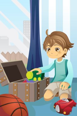 Boy cleaning up his toys clipart