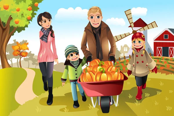 Family doing pumpkin patch — Stock Vector