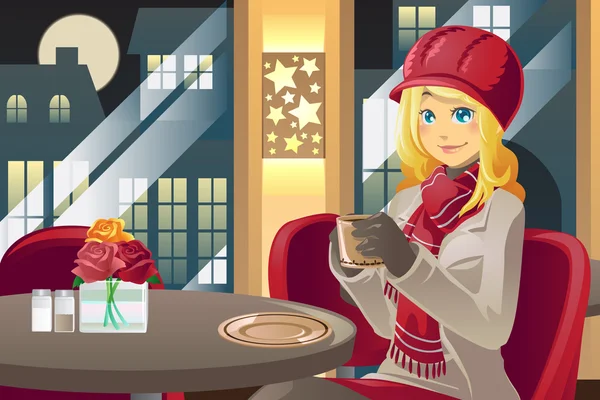 Зимняя женщина пьет кофе — стоковый вектор