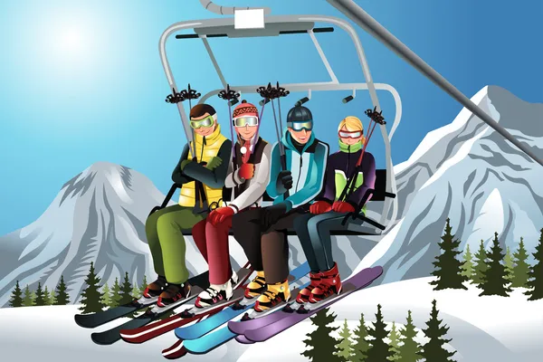 Skiers on the ski lift — Stock Vector