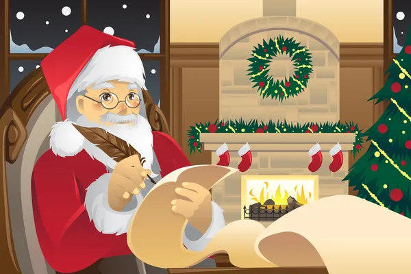 Santa Claus escribiendo la lista de regalos de Navidad — Vector de stock