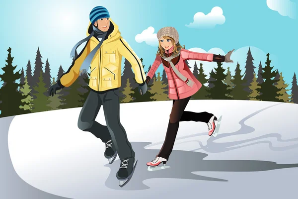 年轻夫妇滑冰 — 图库矢量图片