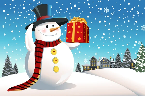 Снеговик с подарком на Рождество — стоковый вектор