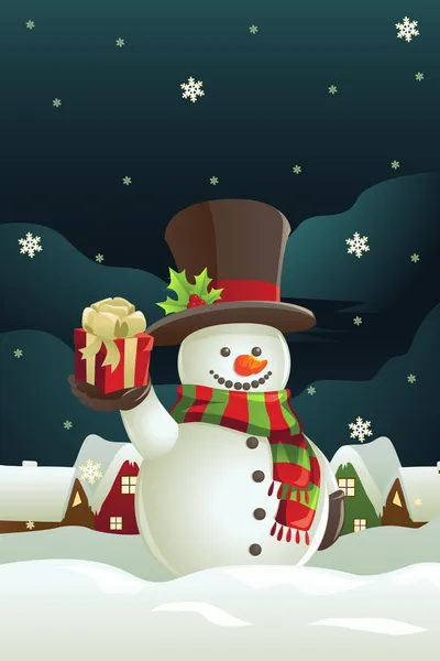 Muñeco de nieve con regalo de Navidad — Stockvector