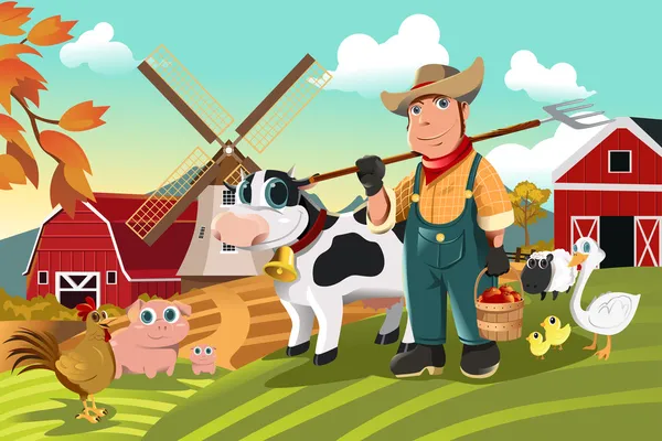 Agricultor en la granja con animales — Vector de stock