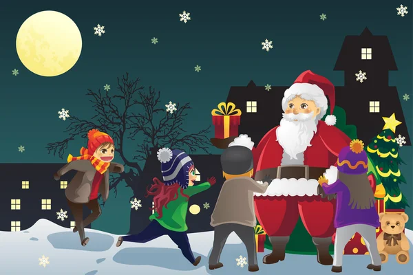 Papai Noel dando presentes de Natal para as crianças —  Vetores de Stock
