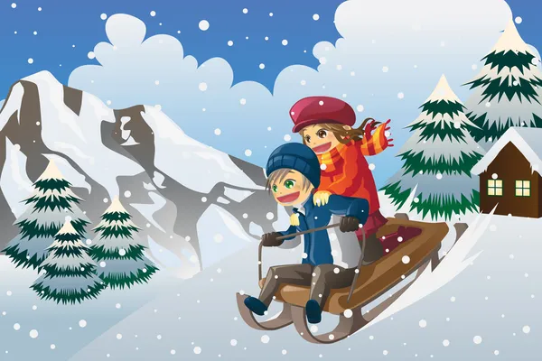 雪橇在雪中的孩子们 — 图库矢量图片