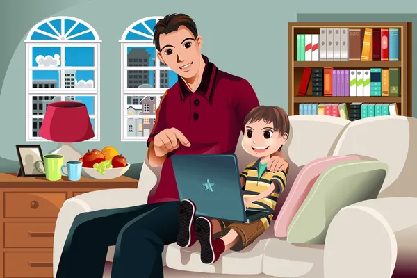 Πατέρας και γιος που χρησιμοποιούν υπολογιστή — Διανυσματικό Αρχείο