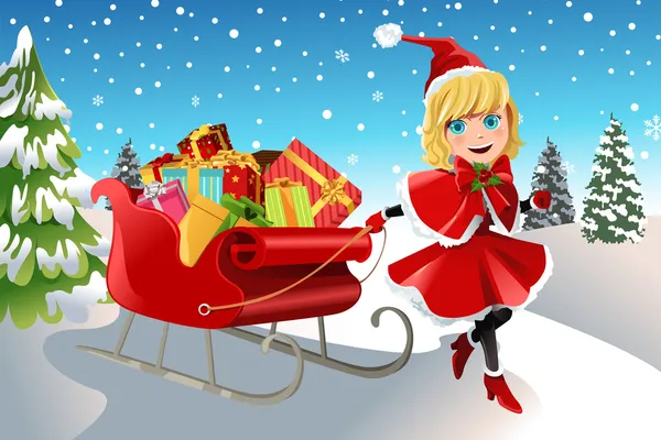 圣诞女孩拉雪橇 — 图库矢量图片