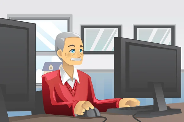 Hombre mayor usando computadora — Vector de stock