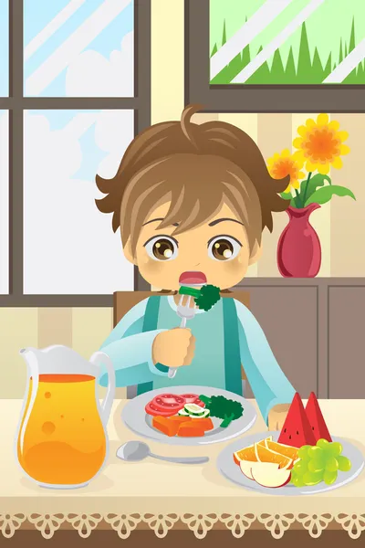Niño comiendo verduras — Vector de stock