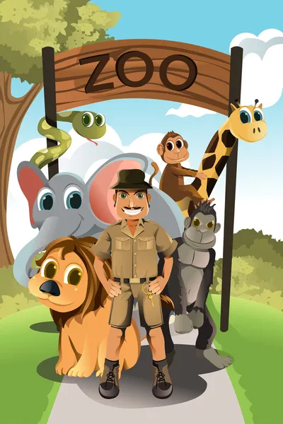 Zookeeper y animales salvajes — Vector de stock