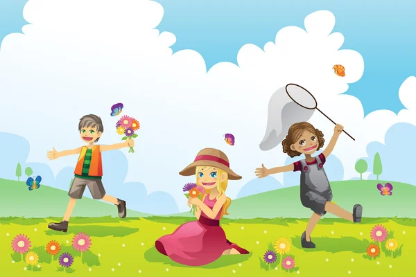 Счастливые дети в весенний сезон — стоковый вектор