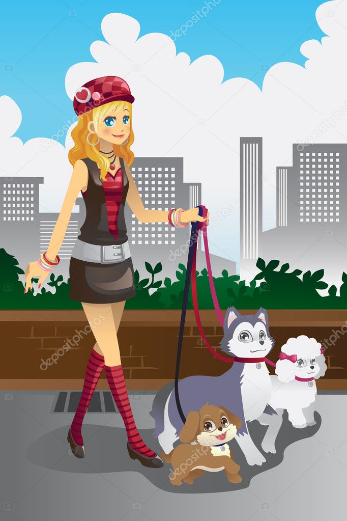 Girl walking her dogs