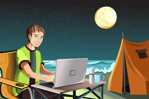 Ember, camping, használ laptop — Stock Vector