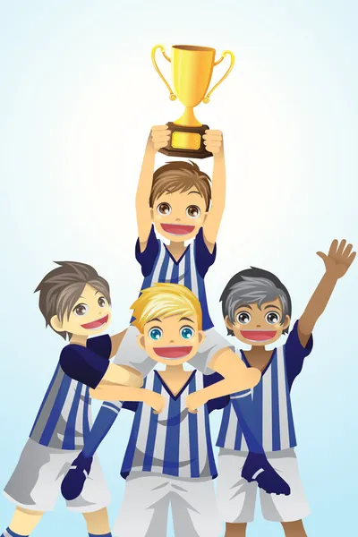 Sport kids lifting trophy — Stock Vector