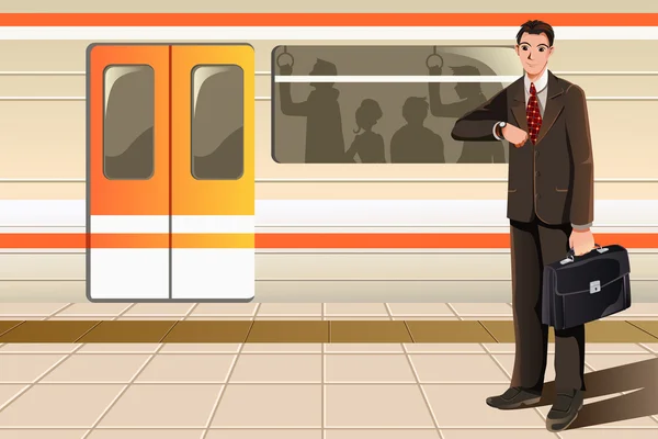 Uomo d'affari in attesa di metropolitana — Vettoriale Stock