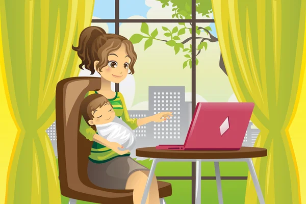 Mutter und Baby mit Laptop — Stockvektor