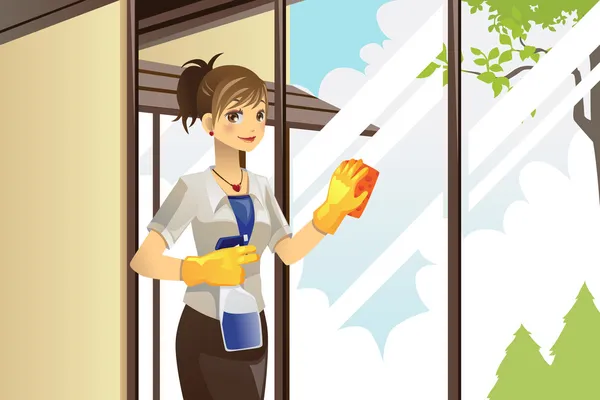 Ama de casa limpieza ventanas — Vector de stock
