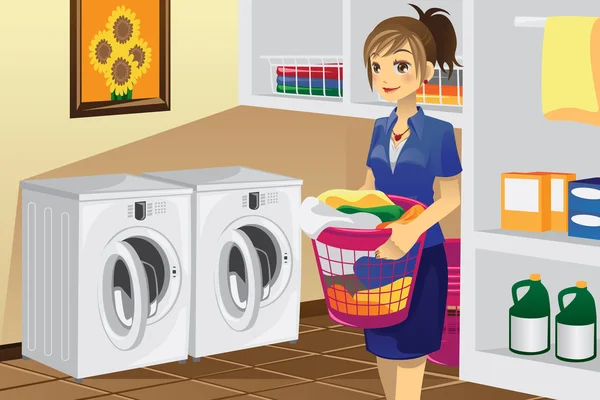 Dona de casa fazendo lavanderia —  Vetores de Stock