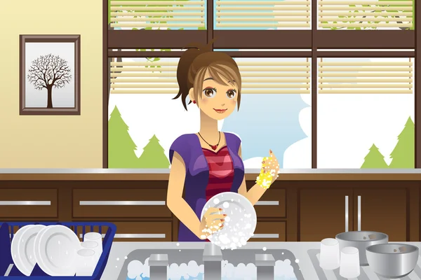 Femme au foyer laver la vaisselle — Image vectorielle