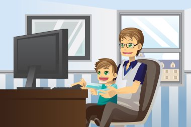 Father and son using computer clipart