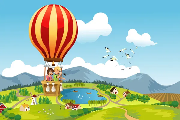 Kids riding hot air balloon — Stock Vector