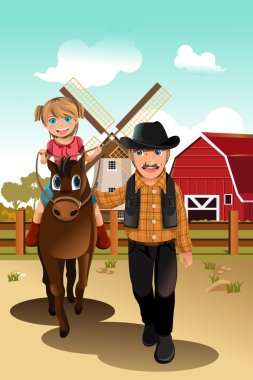 Girl riding horse with grandfather clipart