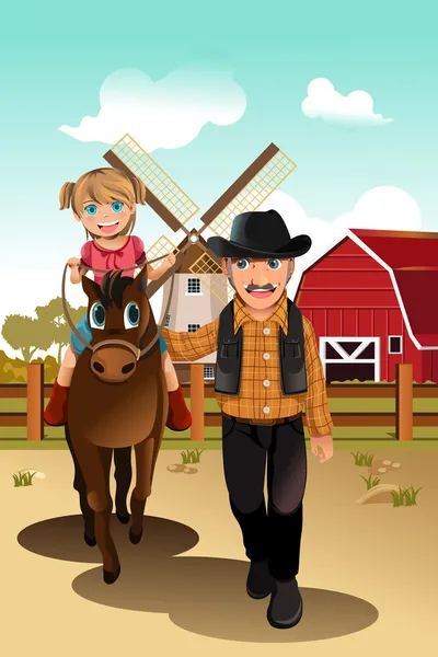 Chica a caballo con el abuelo — Vector de stock