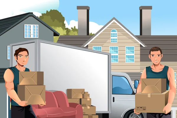 Moving men with truck and boxes — Stock Vector