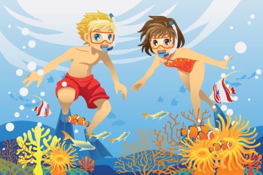 Kids swimming underwater clipart