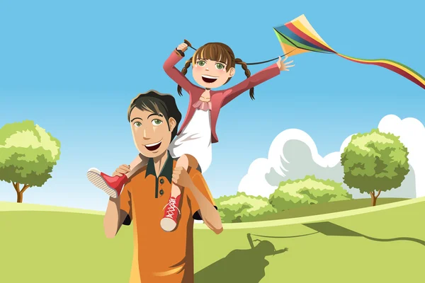 Father daughter playing kite — Stock Vector