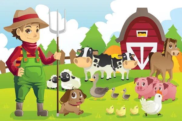 Farmer at the farm with animals — Stock Vector
