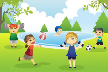 Kids exercising in park clipart