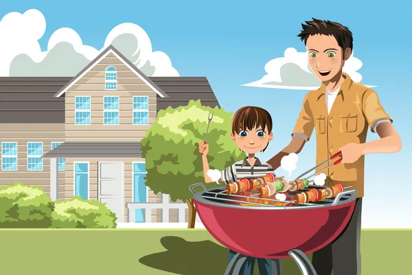 Père et fils faisant barbecue — Image vectorielle