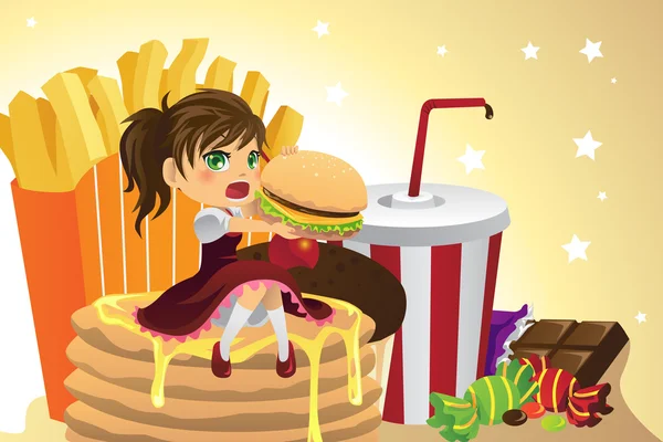 Menina comendo junk food — Vetor de Stock