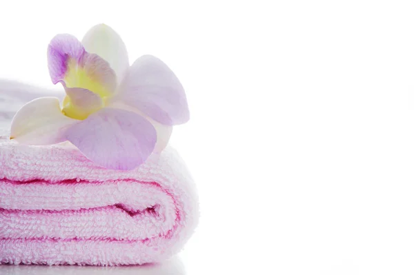 Una toalla rosa con una flor de orquídea sobre fondo blanco y área —  Fotos de Stock