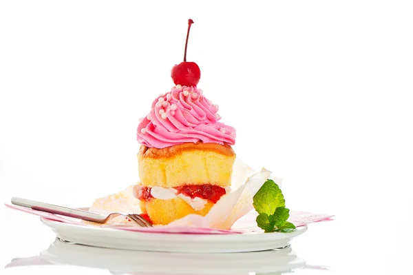 Dwie warstwy ciastko z różowy i biały lukier i złota pow — Zdjęcie stockowe